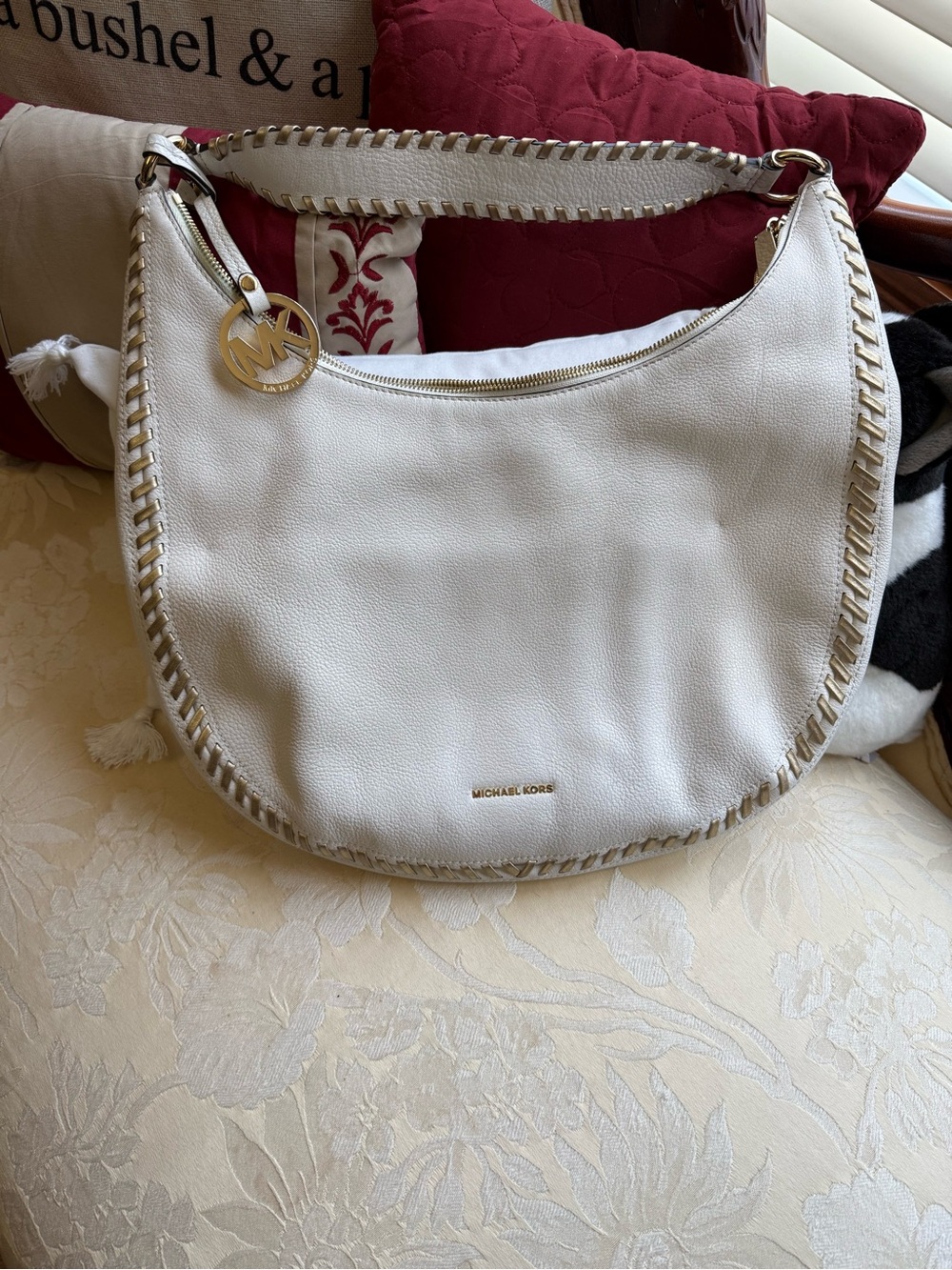 Michael Kors Cream Leather Hobo with Gold-Tone MK Charm
